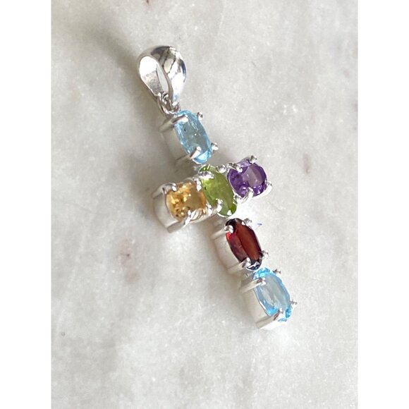NEW Sterling Silver Multi-Gemstone Cross Pendant - Picture 2 of 4